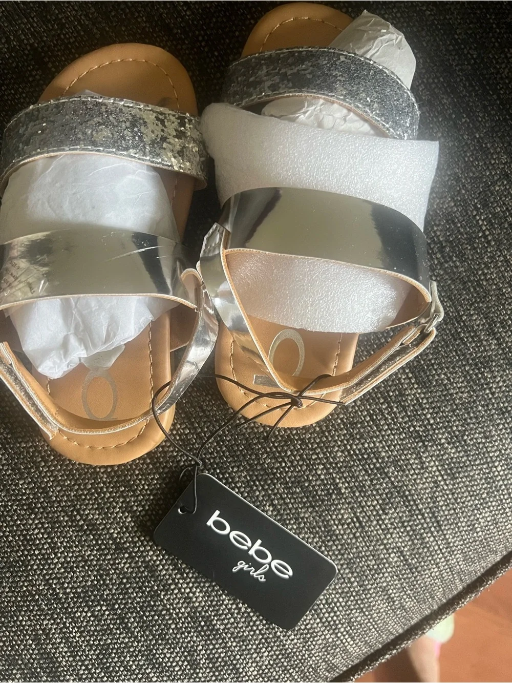 bebe Girls Silver Metallic Glitter Strap Sandals